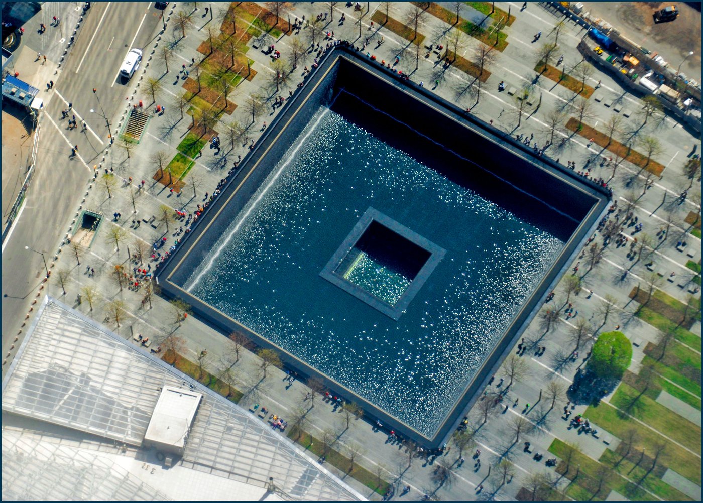Aerial view of the South Pool at the 9/11 Memorial