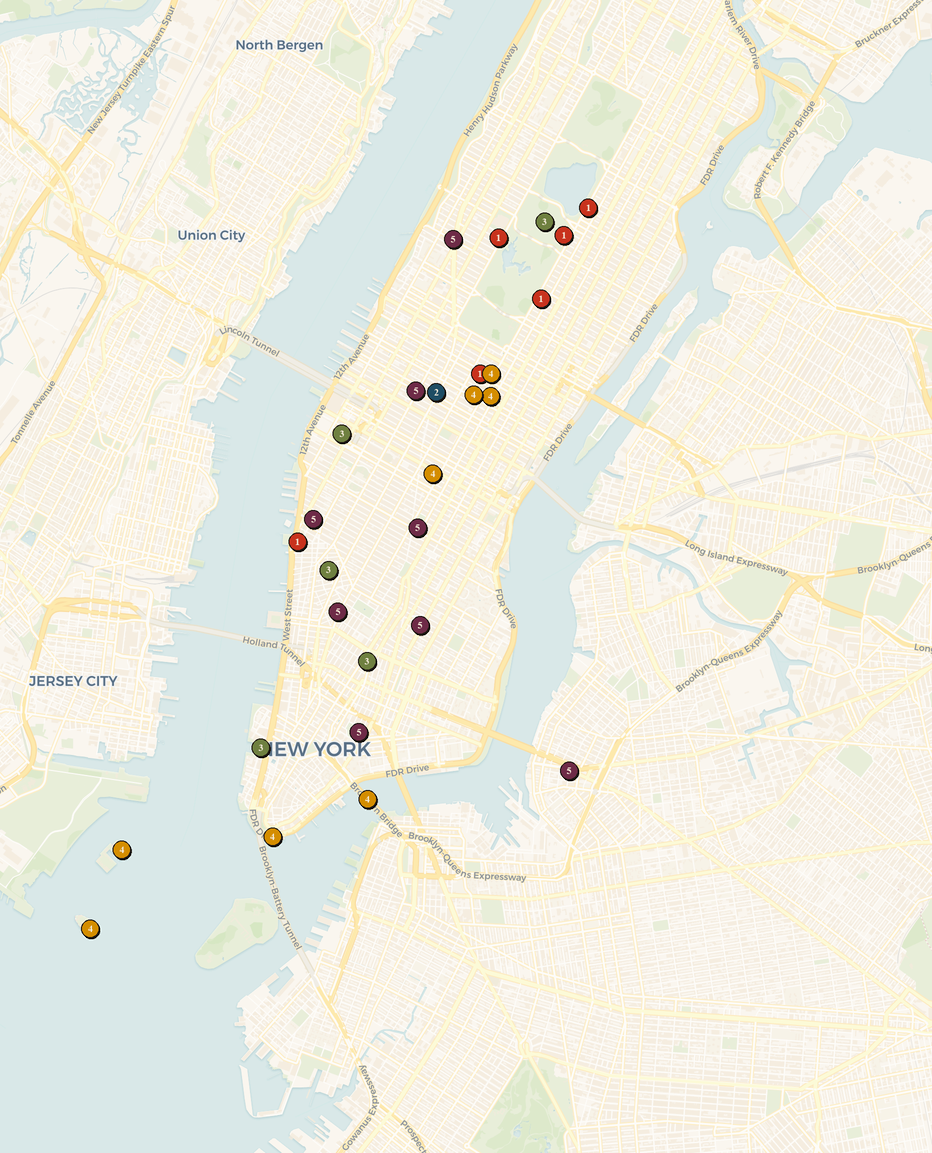 Overview map of New York City with all 28 recommendations pinned and color-coded by chapter